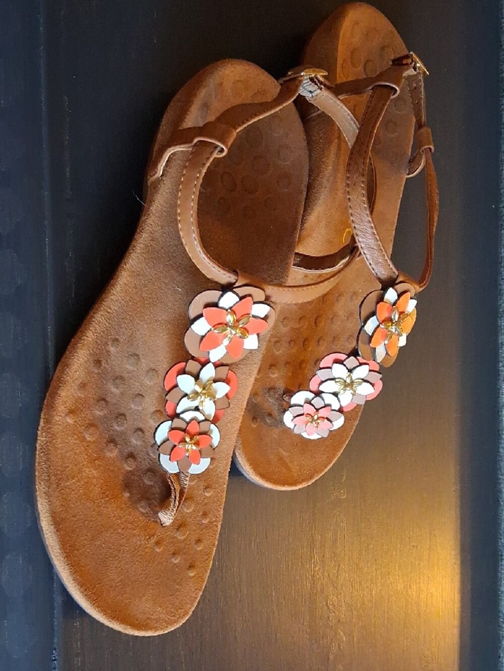 Vionic Brown Paulie T-Strap Sandals with Coral and White Floral Accents - Picture 3 of 14